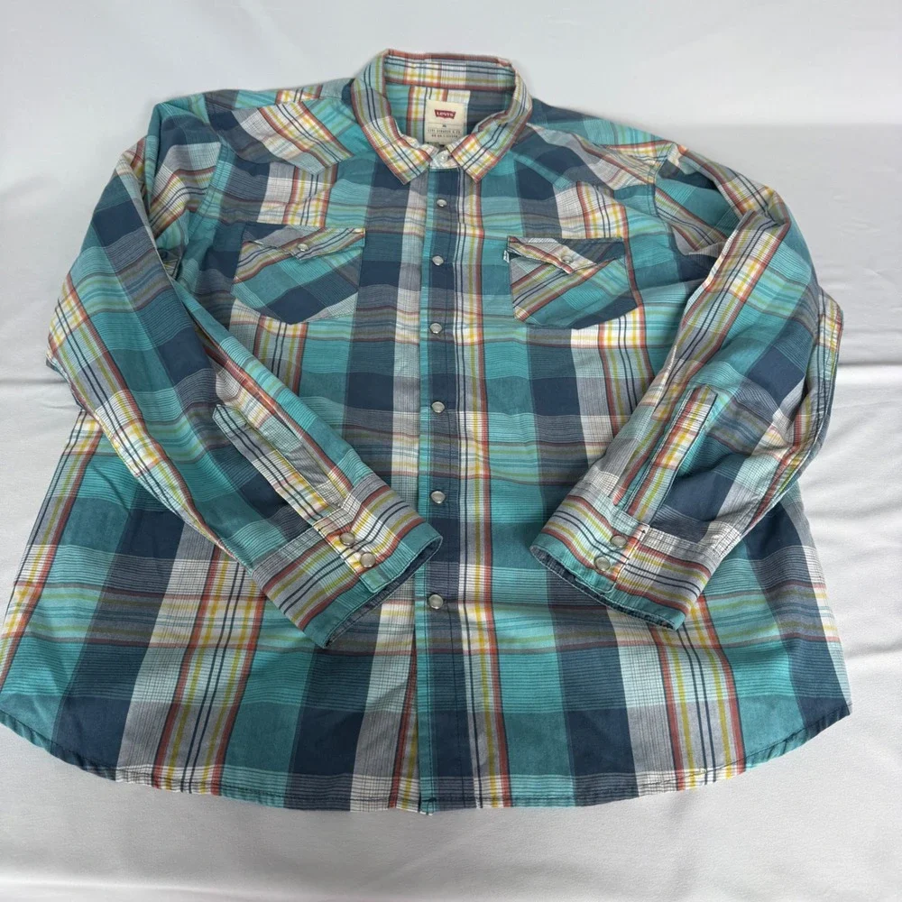 Vintage Levis Mens Western Pearl Snap Shirt Plaid Teal Blue Long Sleeve XXL